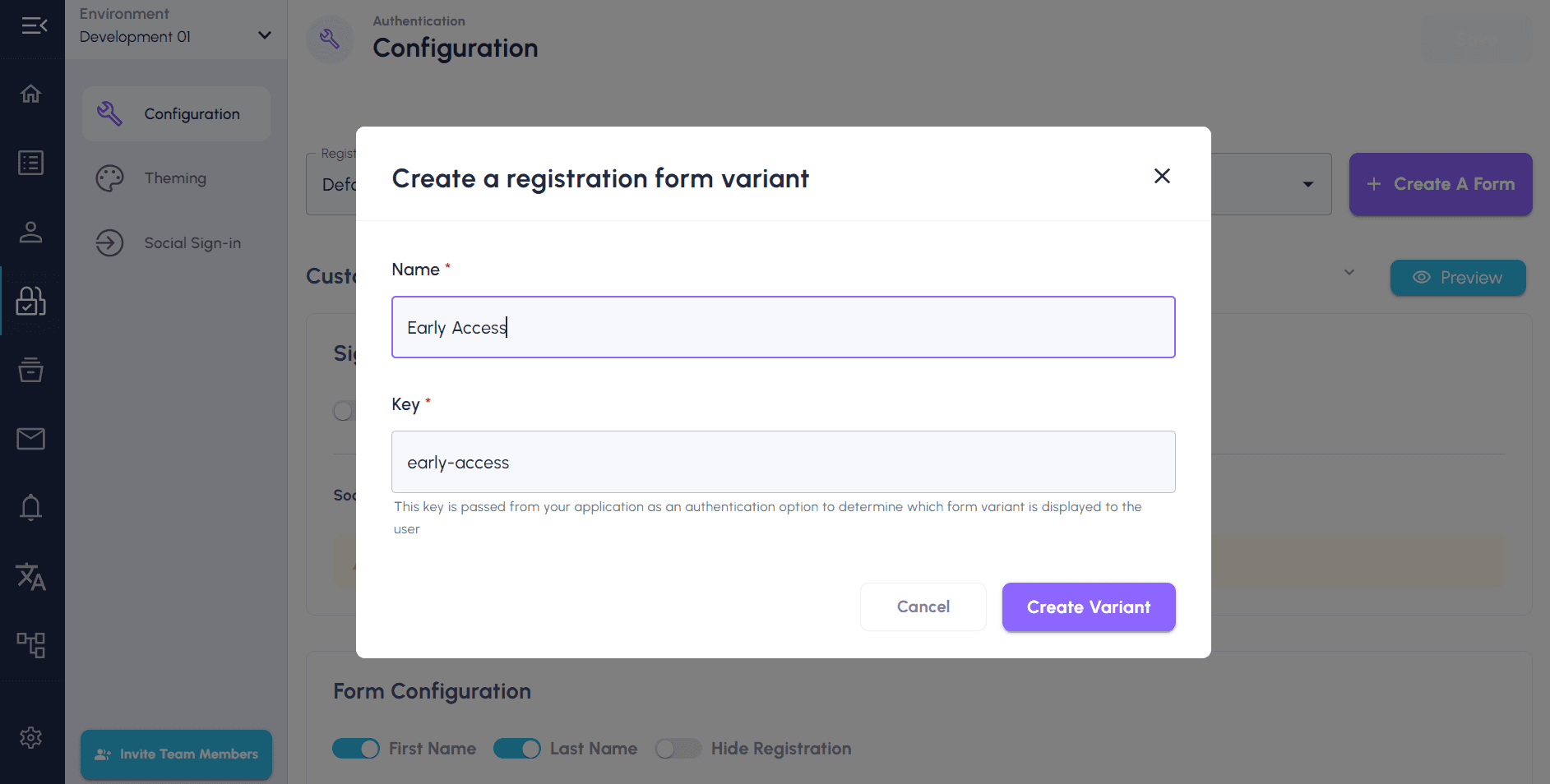 Create a registarion form variant